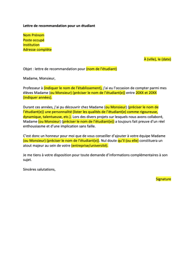 Lettre De Recommandation Tudiant Format Word Pdf