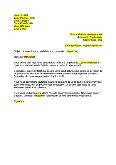 Lettre De Refus D Une Candidature Format Word Pdf