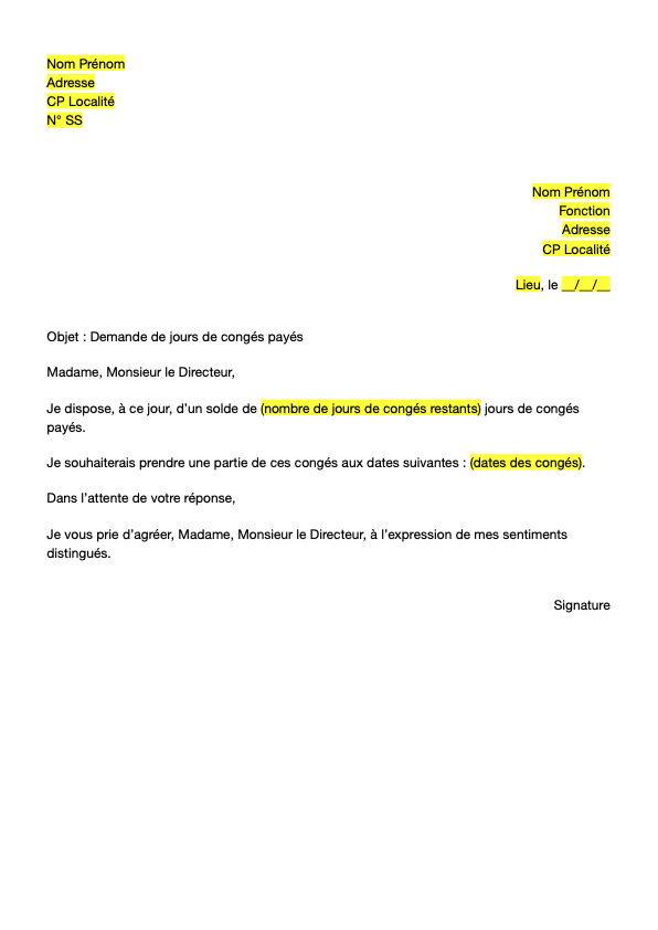 Lettre De Demande De Congé Payé Format Word / PDF