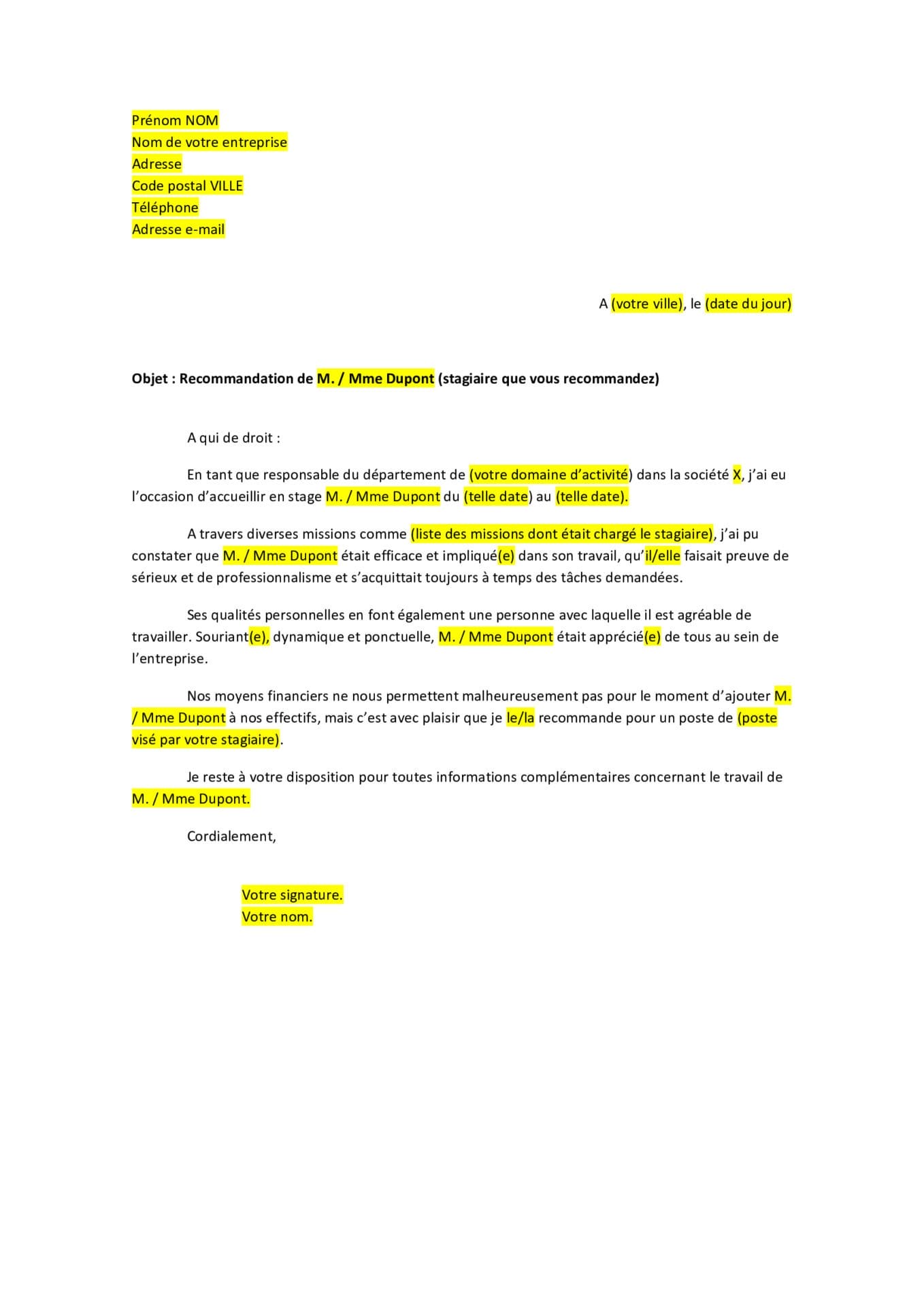 Modèle De Lettre De Recommandation Stage  Word (2022)