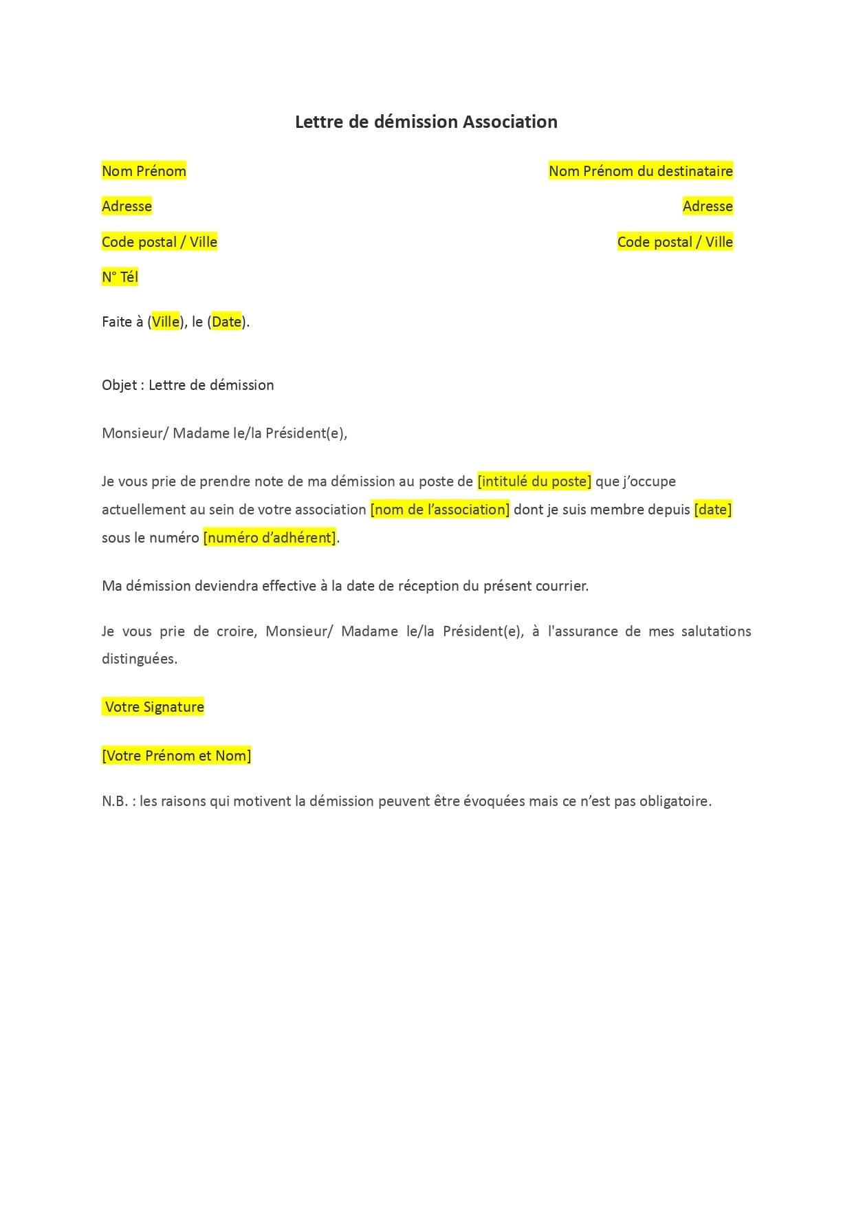 Lettre De Démission D'une Association  Format Word / PDF