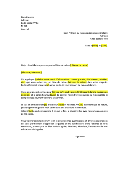 Lettre De Motivation Caissier  Format Word / PDF