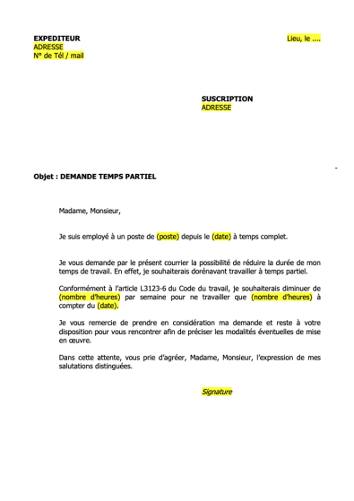 lettre pour demander un passage à temps partiel documentrh