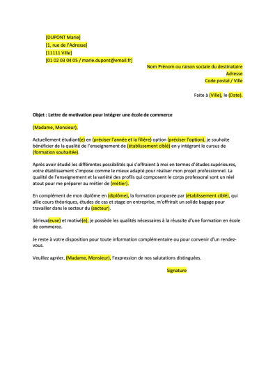 Lettre De Motivation Ecole De Commerce  Format Word