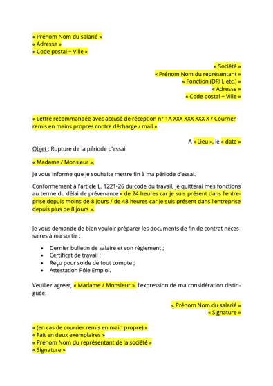 Lettre De Démission Période D essai Formats Word PDF