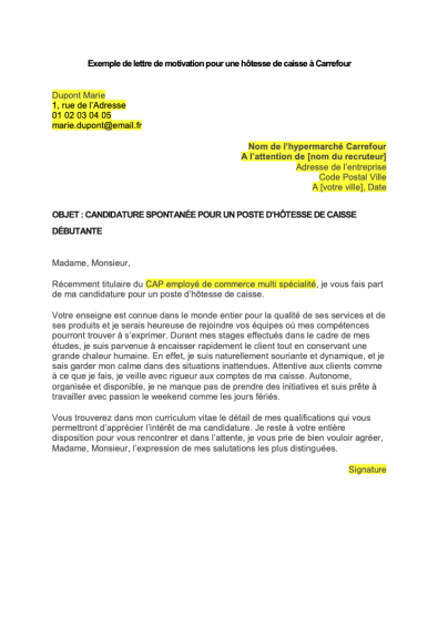 Lettre De Motivation Pour Carrefour  Format Word / PDF
