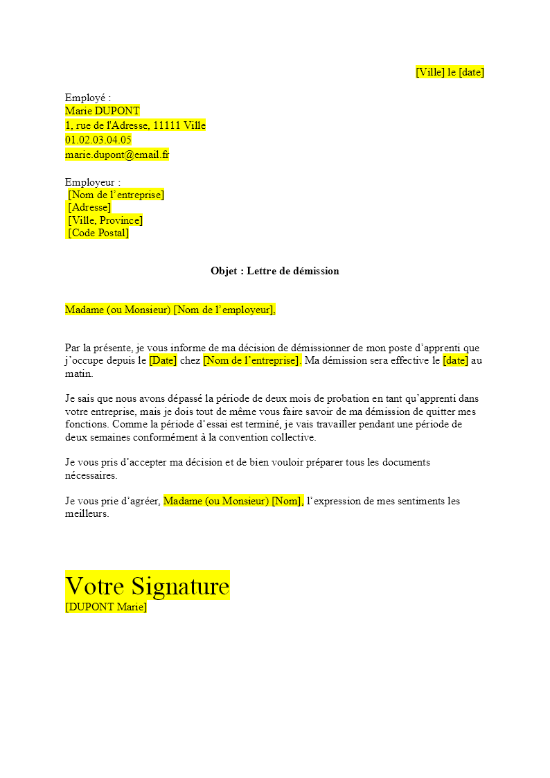 Lettre De Démission Apprentissage Formats Word/PDF