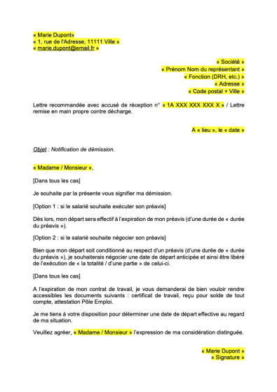 Lettre De Démission Avec Préavis  Formats Word/PDF