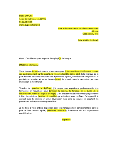 Lettre De Motivation Banque  Format Word / PDF
