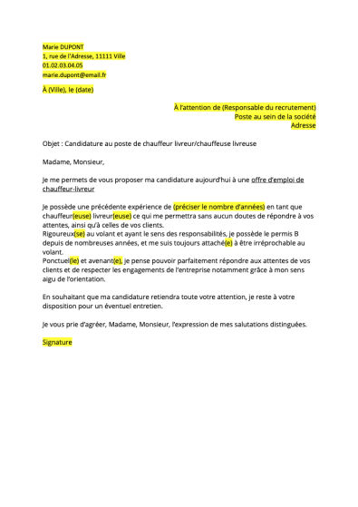 Lettre De Motivation Chauffeur Livreur  Format Word / PDF
