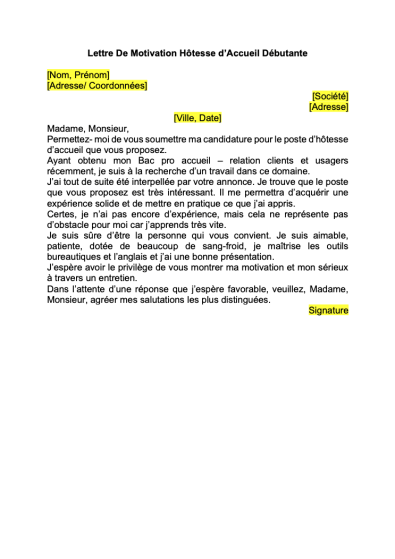 Lettre De Motivation Hotesse D'accueil  Format Word / PDF