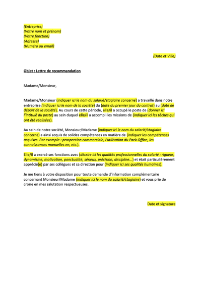 Lettre De Recommandation Professionnelle - Format Word / PDF