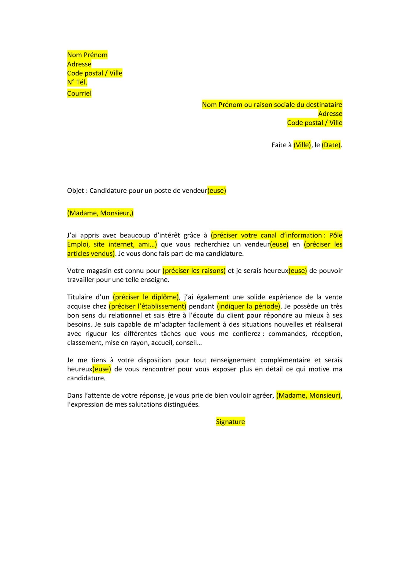 Lettre De Motivation Vendeur  Format Word / PDF