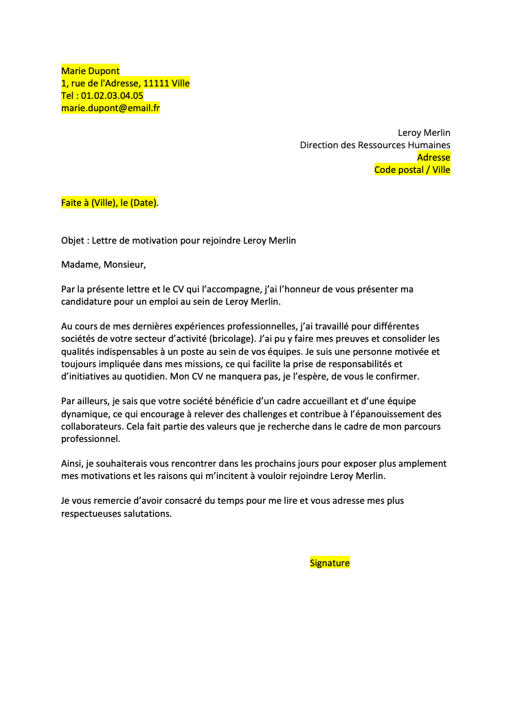 Lettre De Motivation Leroy Merlin Word/PDF Gratuit