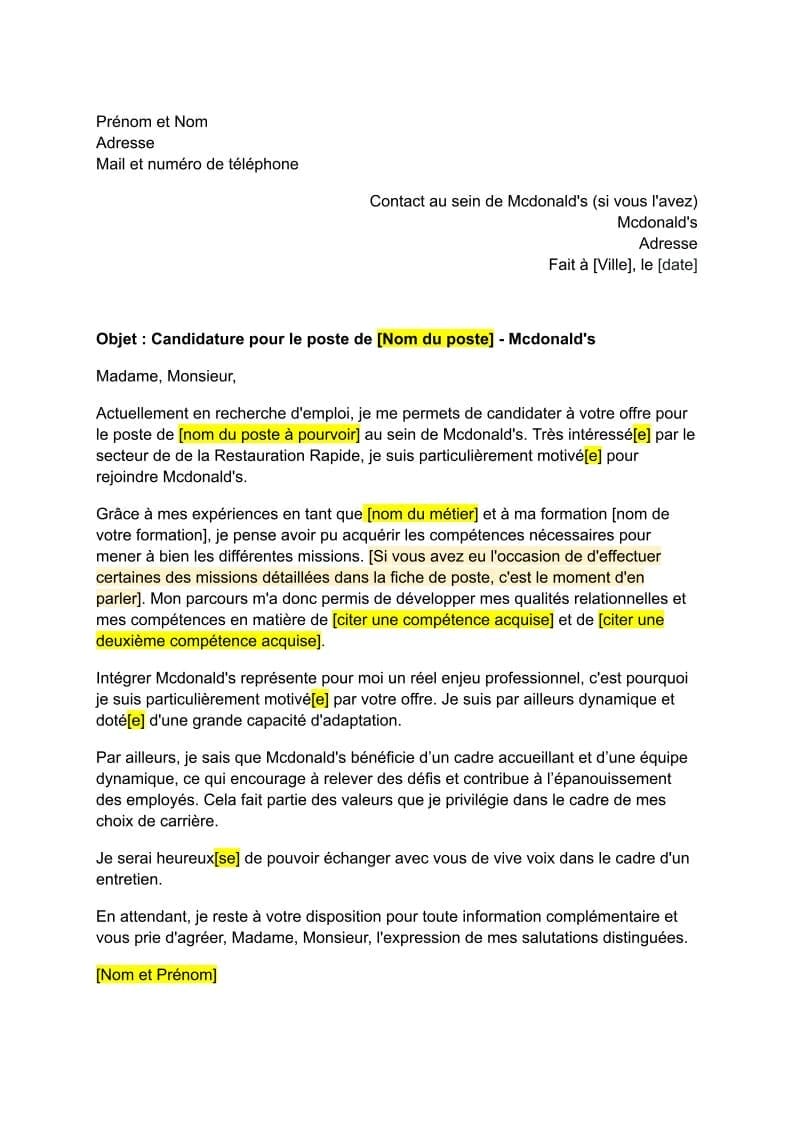 Lettre De Motivation Mcdonald S Format Word Pdf Gratuit