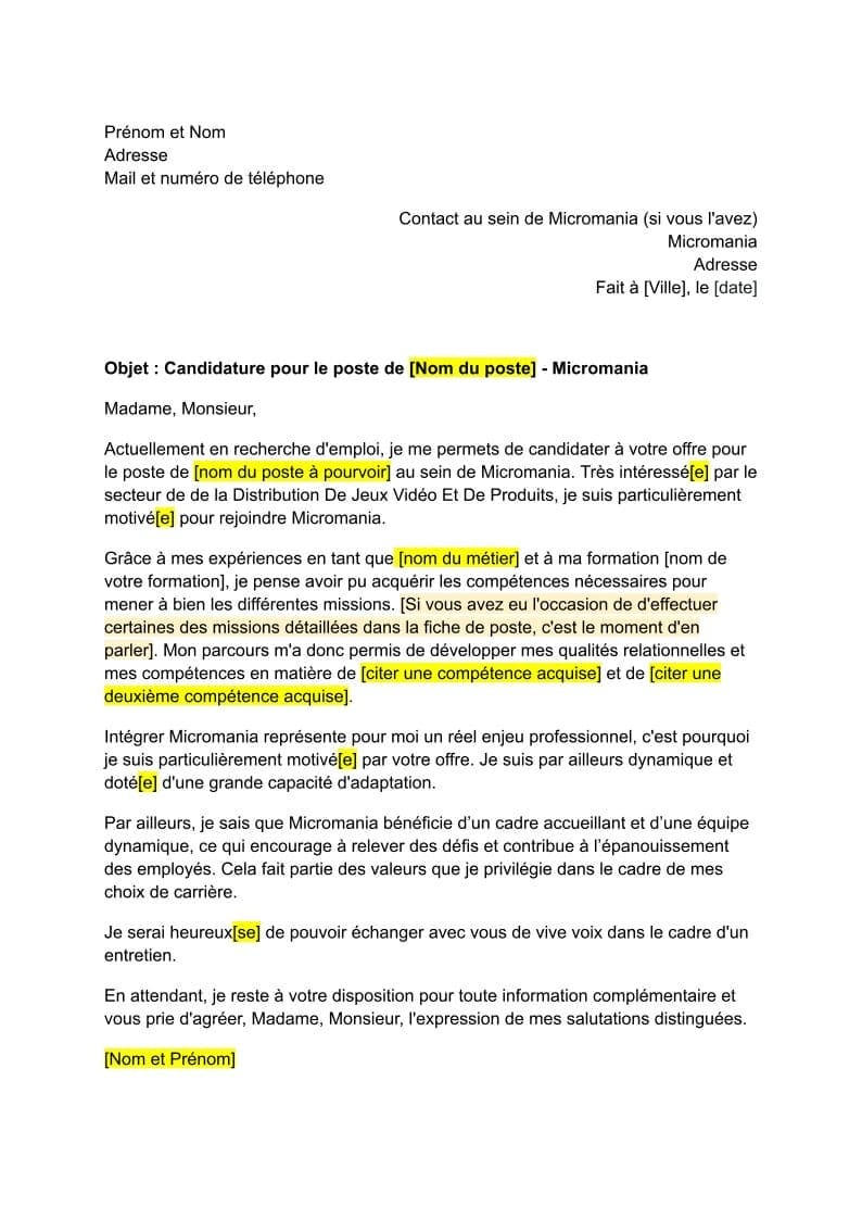 Lettre De Motivation Micromania Format Word/PDF Gratuit