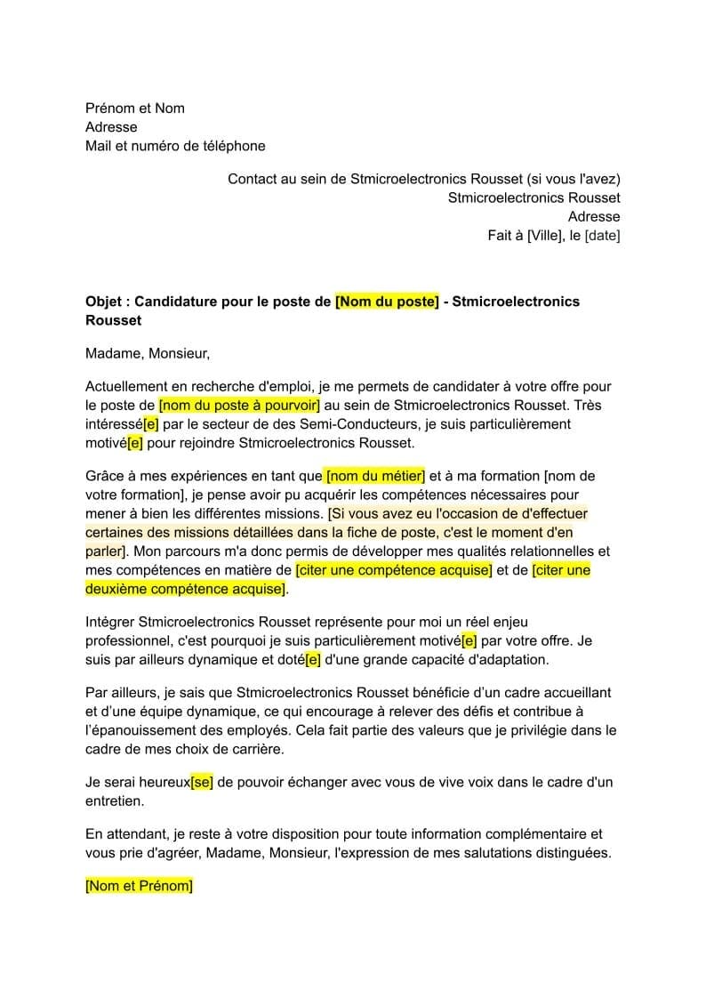 Lettre De Motivation Stmicroelectronics Rousset - Gratuit