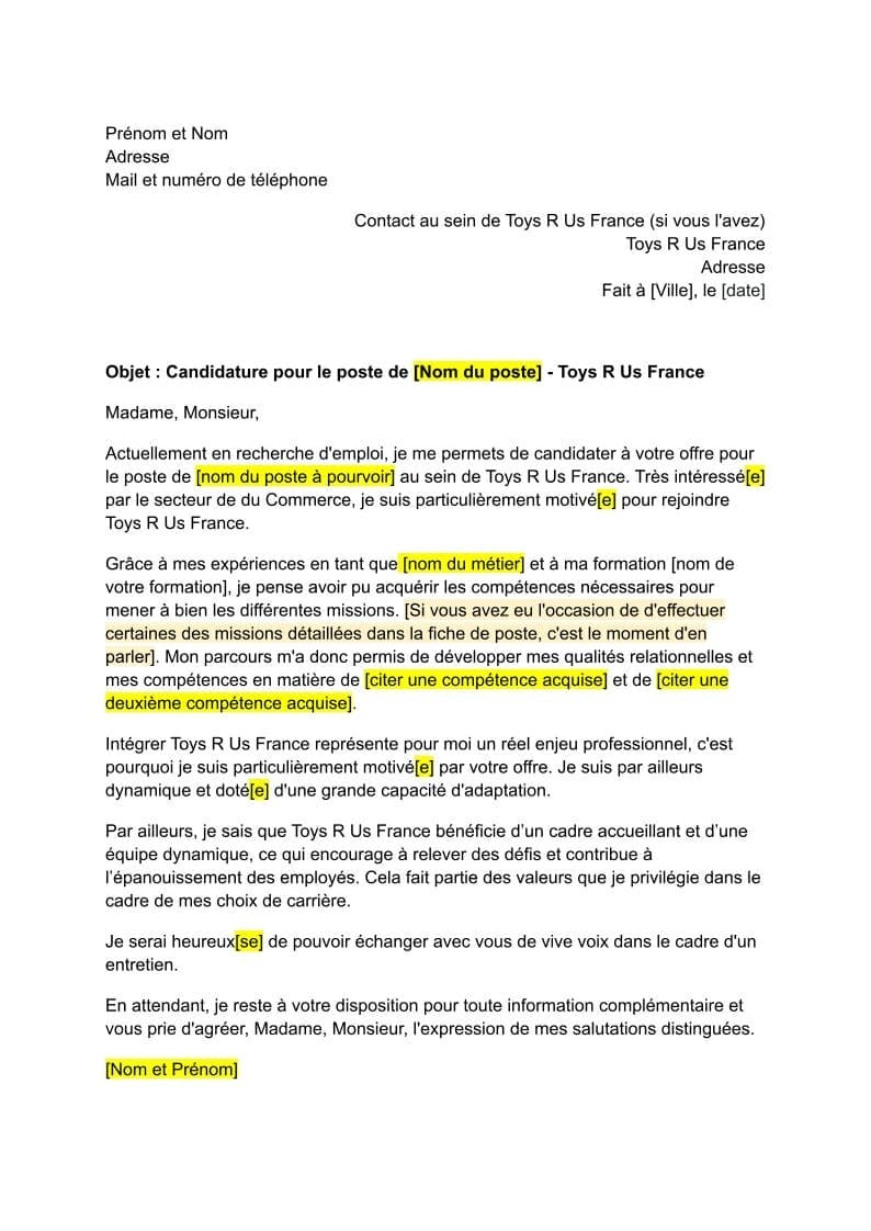 Lettre De Motivation Toys R Us France - Word/PDF - Gratuit